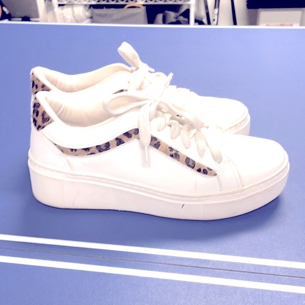 Cheetah and white gym shoes size 38 fits 8 used couple times